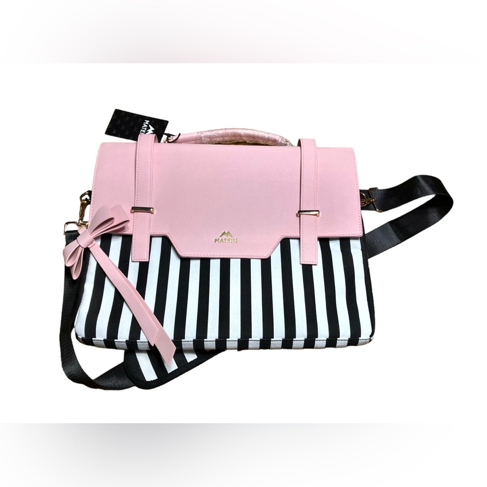 Matein 15.6" Laptop Bag Briefcase Pink Black & White Striped Padded RFID